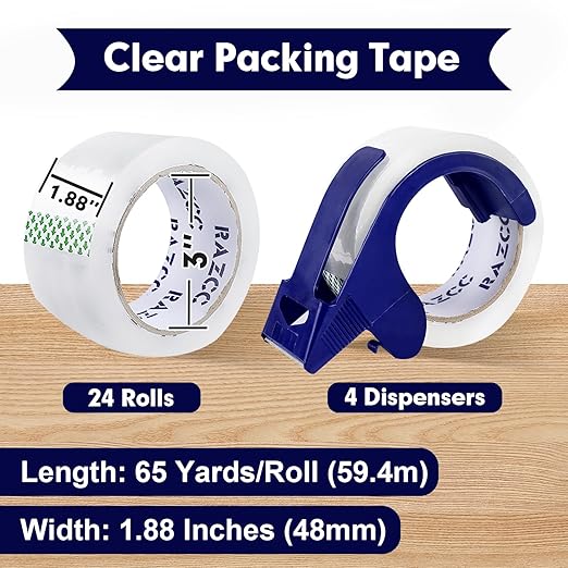 RAZCC Packing Tape, 24 Rolls Clear Heavy Duty Packaging Tape with Dispensers for Packing Shipping Moving Mailing, Thicker Sealing Tape -1.88" x 65 Yards Per Roll, 1560 Total Yards