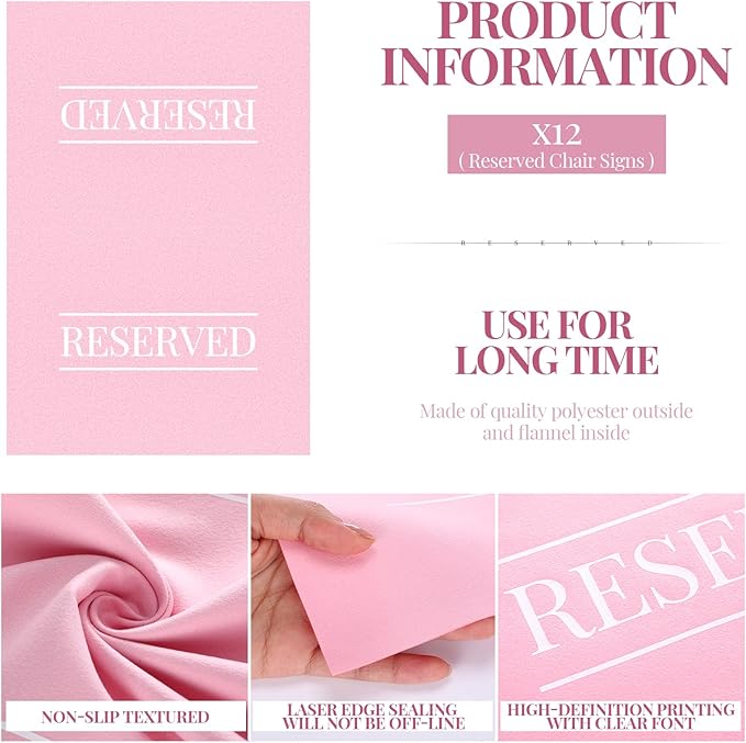 Buryeah 12 Pcs Reserved Seating Signs for Chairs Church Pew Reserved Chair Signs Placeholder with Printed Words for Weddings Parties Celebrations Receptions Church or Event (Pink)