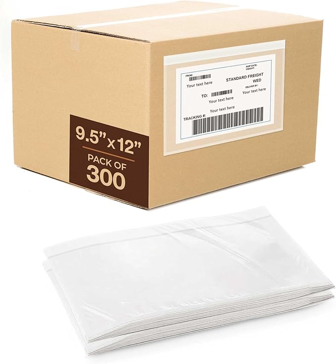 9.5x12 Shipping Label Sleeves 300 Pack Strong Adhesive Back for Secure Package Labelling, Protects Documents with Packing Slip Pouches Packing Sleeves for Mailing and Packaging -WaterProof and Durable