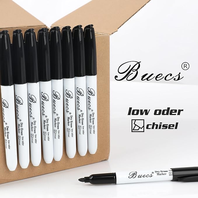 Buecs Black Dry Erase Markers, Low-Odor, 150 Count, Chisel tip, Perfect for Writing on Whiteboards, Dry-Erase Boards, Glass, School Office Supplies