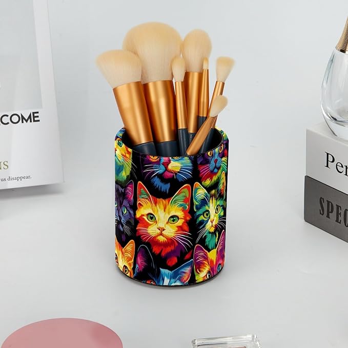 Leather Pen Holder for Desk, Colorful Cat Pattern Pencil Cup Desktop Organizer Makeup Brush Holders Office Supplies for Home, Kids & School