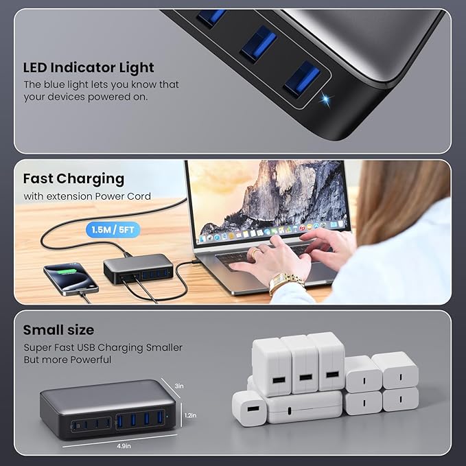 USB C Charger 200W USB C Charger Block,Upgraded GaN III 8-Port Fast Charging Station Hub,PD 65W Laptop Charging Adapter Compatible with MacBook Pro/Air,DELL,Steam Deck,iPhone 16/15/14,Galaxy S23/22