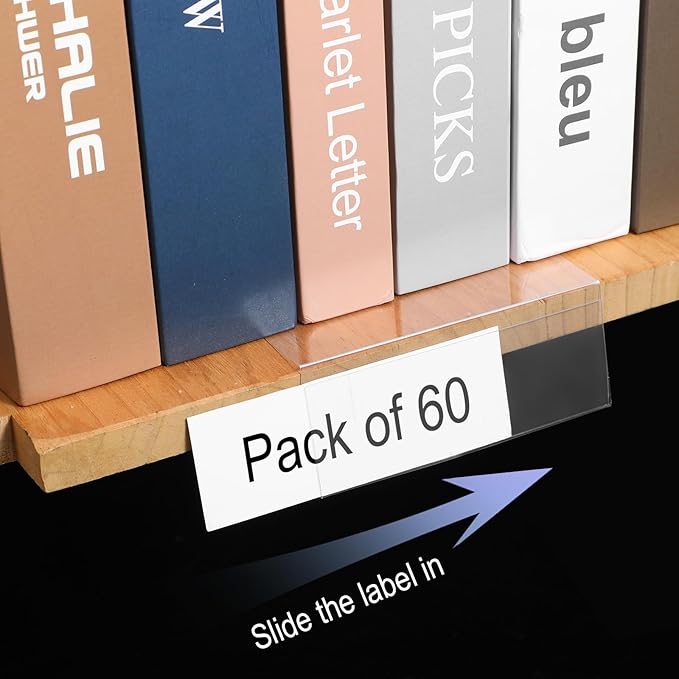 60 Pcs Moveable Shelf Label Holders 7.5”x4” Clear Shelves Tags Library Bookshelf Divider Markers Transparent Shelf Label Display Holder for Classroom Office Library Book Shelves