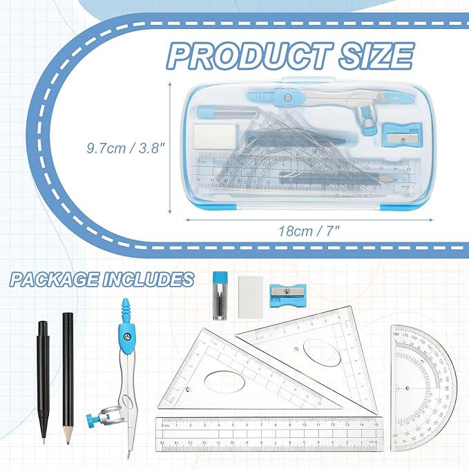 PATIKIL Geometry Precision Tool Set, 11 Pcs Geometry Set Compass Tool with Shatterproof Storage Box Rulers Math Compass Kit for Math Drafting Supplies, Sky Blue(Style 2)