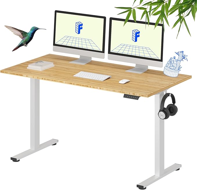 FLEXISPOT EN1 Bamboo One-Piece Standing Desk, 55 x 28 Inches Ergonomic Desk for Home Office and Gaming (White Frame + Bamboo Top, 2 Packages)