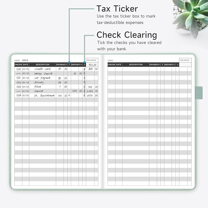 KUMEER Check Register – Elegant Check Registers for Personal Checkbook with Check & Transaction Registers, Hardcover Checkbook Log 5.2x7.6" (Mint Green)
