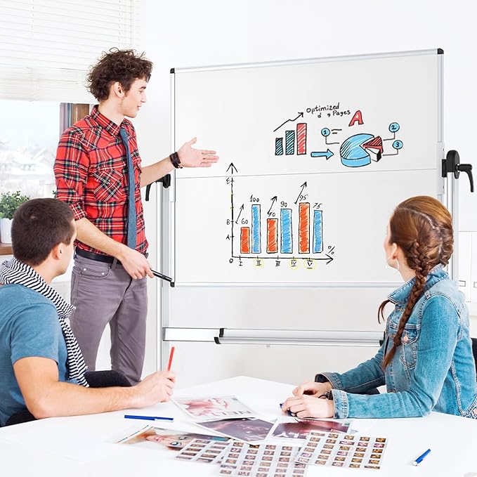 VIZ-PRO Double-Sided Mobile Whiteboard, 48 x 48 Inches, Magnetic Rolling Dry Erase White Board on Wheels with Aluminium Frame and Stand 4' x 4'
