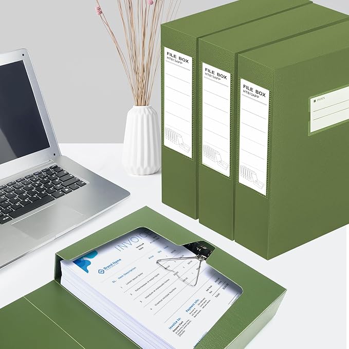 HUA JIE 2 Pack A4 Storage File Boxes Archives Case,65mm Spine,Box File Document Storage Box with Metal Clip for Office School -Green
