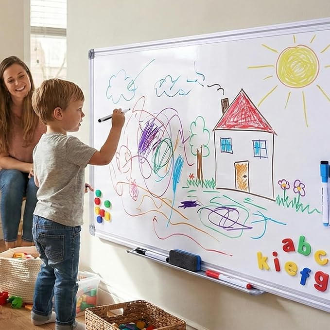 40 x 28 Inch Magnetic Dry Erase Whiteboard - Medium-Large Wall Mounted Writing Board for Home Office & Study - Silver Aluminum Frame with Tray