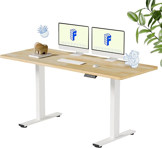FLEXISPOT EN1 Solid Wooden One-Piece Standing Desk, 63 x 24 Inches Sit Stand Home Office Desks, Sustainable Sturdy and Stable (White Frame + Rubber Wood Top, 2 Packages)