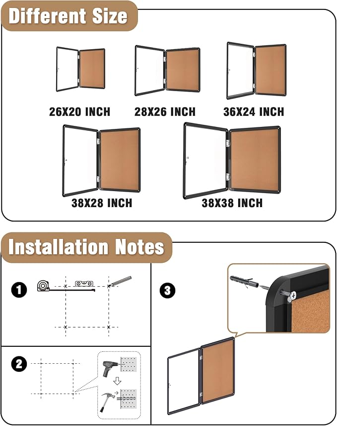 Mifuro 26"x20" Enclosed Bulletin Board, Lockable Weather-Resistant Aluminum Cork Noticeboard for School & Office, Black Frame w/Cork