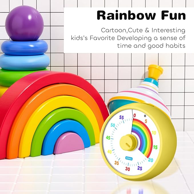 Visual Timer for Kids, 60-Minute Countdown Timer for Classroom Office Kitchen, Desk Timer Kids Time Management Tools with Silent Operation, Pomodoro Time Rainbow Pattern (Yellow)