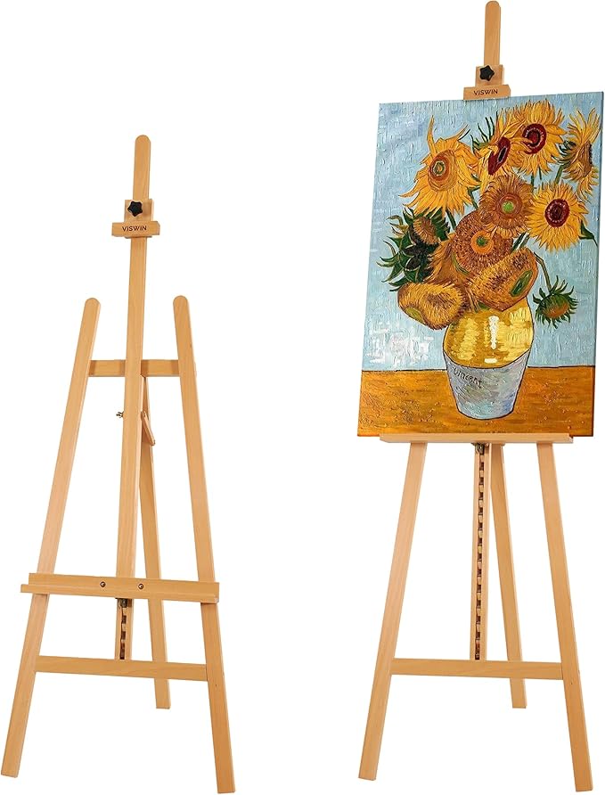 VISWIN Wooden Art Easel for Painting, Adjustable & Foldable Beech Wood Display Easel Stand for Canvas, Hold Canvas up to 43", 57''-76" H Floor Art Easel for Adults, Artists, Beginners - Natural