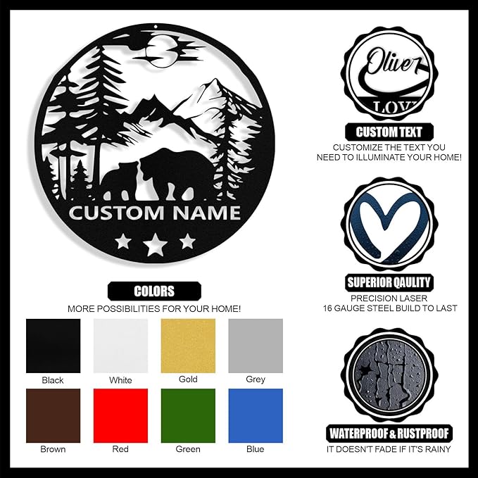 Custom Bear Metal Sign, Custom Bear Metal Wall Art Decor, Personalized Last Name Signs for Home, Rustic Farmhouse Black Wall Decor for Cabin, Bedroom, Living Room, Porch
