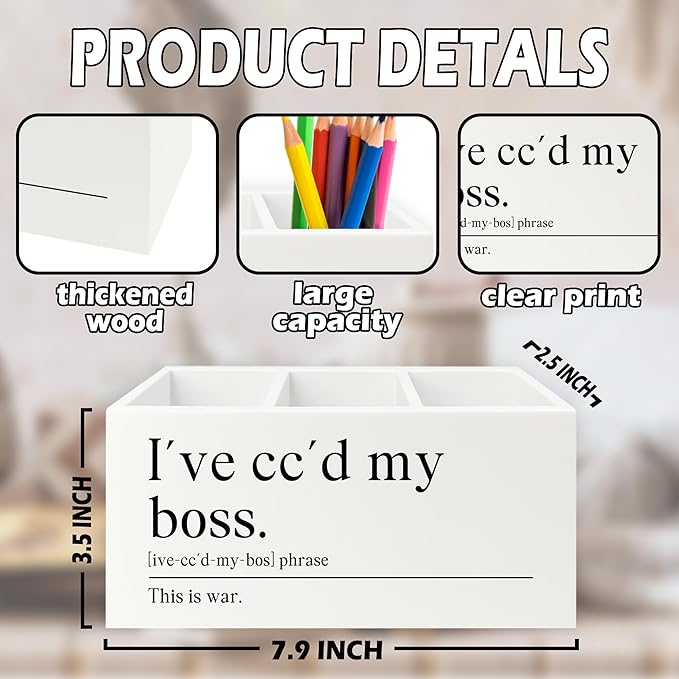 XPH Funny Office Pen Pencil Holder Organizer for Desk, Coworker Gifts for Women Men, I've Cc'd My Boss Funny Wooden Box Sign for Home Office Workplace Desk Tabletop Decorations