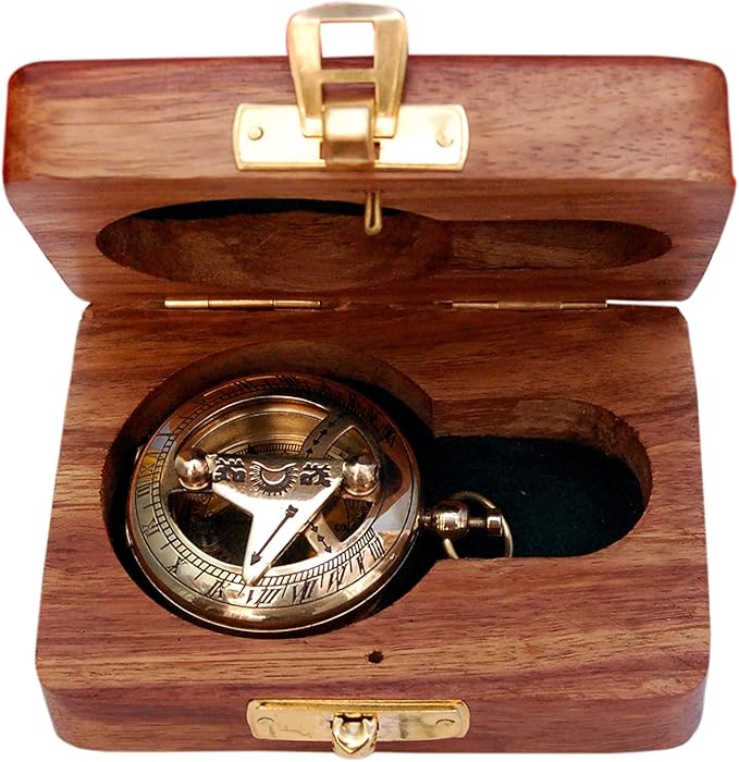 Bazross Brass Nautical Compass with Wooden Case - Antique Brass & Copper Sun Clock for Camping, Hiking, Touring - Engraved Gift for Him - Nautical Clock - Compass Gift