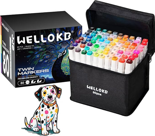 WELLOKB Alcohol Markers Set, 80 colors Alcohol Based Dual Tip, Broad and Fine Tip for Adult Coloring Books, Drawing, Sketching