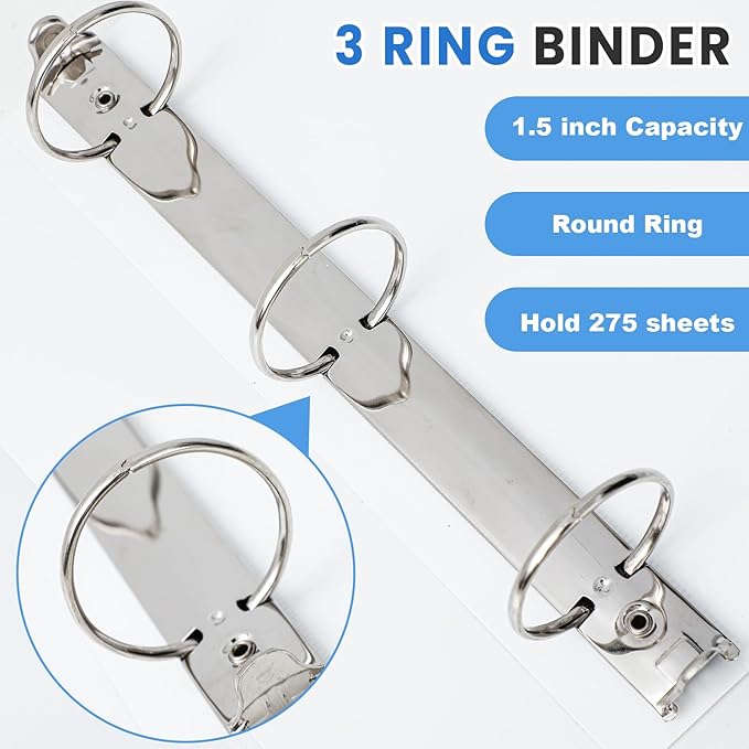 Henoyso 12 Pcs 3 Ring 1.5 Inch Binders Fits 8.5 x 11 Inch Letter Size Paper, Plastic White Flexible Binders with View Cover and 2 Pockets, 275 Sheets Capacity for Office School