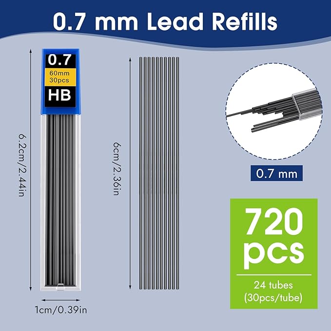 720 pcs 0.7 mm Lead Refills, Mechanical Pencil Lead HB, Break Resistant Pencil Refills, Black, 24 Tubes, 30 Pieces per Tube