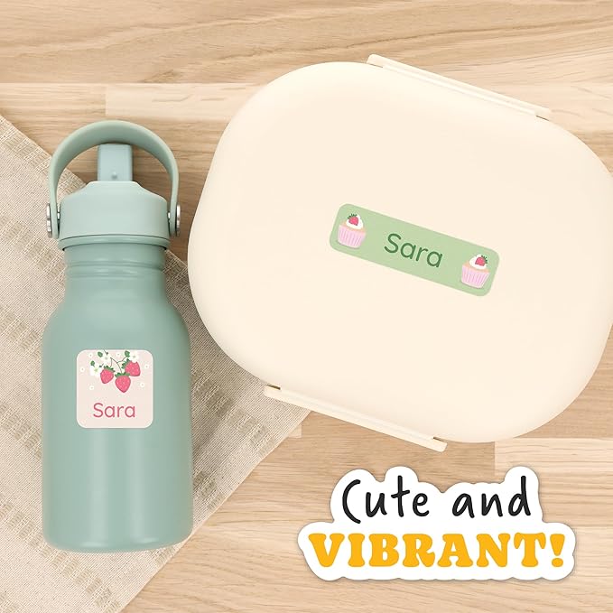 Large Name Labels for Kids (33) - Custom Stickers for Daycare and School Supplies - Durable, Waterproof Stickers for Water Bottles, Lunch Boxes, and More with Unique Designs - Strawberry