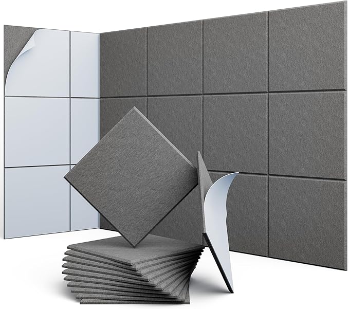 UNECHO 12 Pack 12" X 12" X 0.4" Acoustic Panels for Wall Sound Absorbing, Square Self-Adhesive Sound Panels, High Density Suitable for Multiple Scenarios(MoonLight Gray)