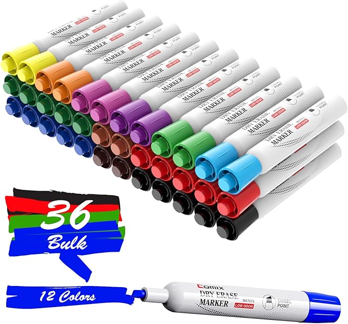 Comix Dry Erase Markers, Chisel Tip Whiteboard Markers, 36 Bulk 12 Assorted Colors Low Odor Markers for Classroom, Teachers, Office, School Supplies