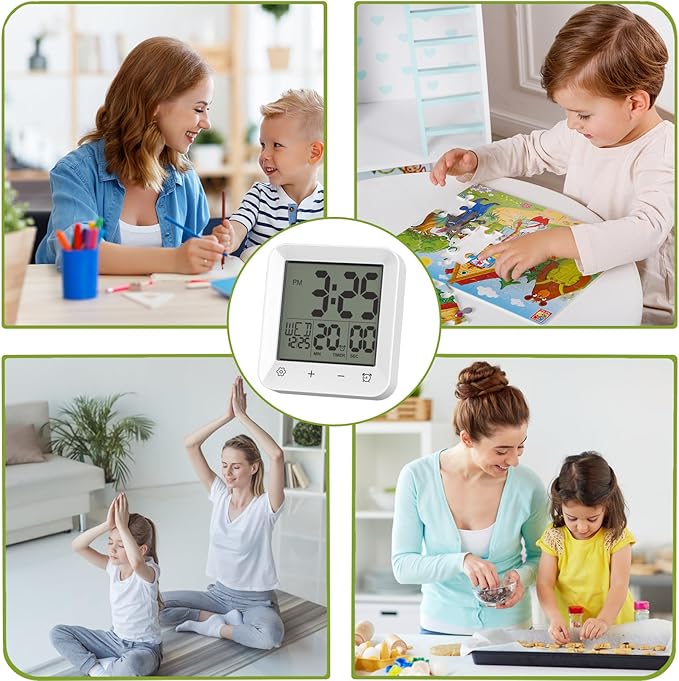 Wisoee Digital Shower Clock Waterproof, Bathroom Wall Clock Timer with Touch Screen, Temperature, LCD Display, Suction Cup Hanging Hole Stand for Kids and Adults