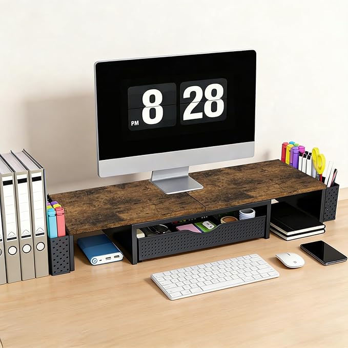 Spacrea Metal Desk Organizers and Accessories, Dual Monitor Stand Riser with Drawer and 2 Pen Holders, Desk Accessories & Workspace Desktop Organizers for Office Supplies (Wood)