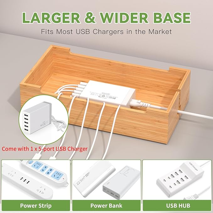 Pezin & Hulin Cell Phone Charging Station for Multi Devices, All in One Desktop Charger Organizer, with Power USB Charge Adapter and 6 Cables, Use As Power Strip Hidden Box -Natural Bamboo Color