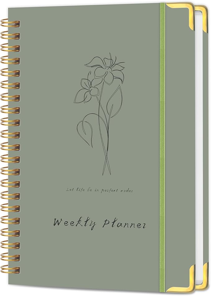 Undated Weekly Planner with Metal Corner Hardcover Notebook , A5 Size Journal with To Do List Planner, Habit Tracker,Weekly Goals for ADHD,Student, Office, Women, Men ,Gifts,6 x 8 inches，Spiral Bindding ,Green