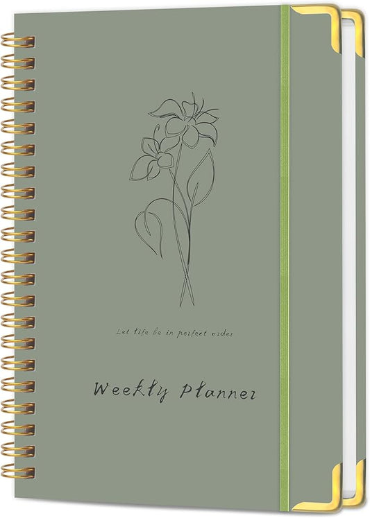 Undated Weekly Planner with Metal Corner Hardcover Notebook , A5 Size Journal with To Do List Planner, Habit Tracker,Weekly Goals for ADHD,Student, Office, Women, Men ,Gifts,6 x 8 inches，Spiral Bindding ,Green