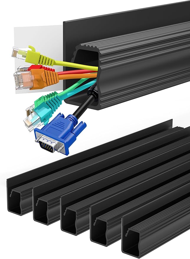 Under Desk Cable Management - Adhesive Cable Organizer for Home & Office, No-Drill Cord Management System, J Channel Cable Raceway for Desk, 6 Pack