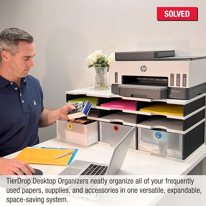 Desktop Organizer 6 Letter Tray Sorter Plus Riser Storage Base & 3 Storage Drawers - Ultimate Office TierDrop Plus Stores All of Your Documents and Supplies in One Compact Modular System