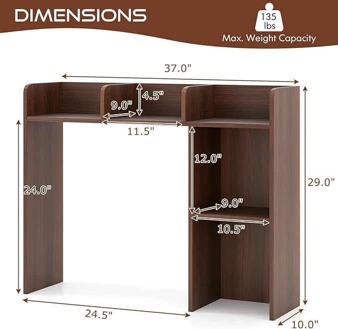 Tangkula Desktop Bookshelf, Countertop Storage Hutch with Shelves for Computer Desk, Desk 3-Tier Display Rack, Multipurpose Wood Desktop Hutch Storage Organizer for Dorm Office (Walnut,5 Shelves)
