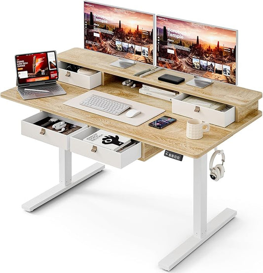 Grandder 55 x 28 inch Electric Standing Desk with 4 Drawers, Sit Stand Up Desk Adjustable Height with Storage Shelf for Home Office Ergonomic Adjustable Desk with Splice Board, Oak