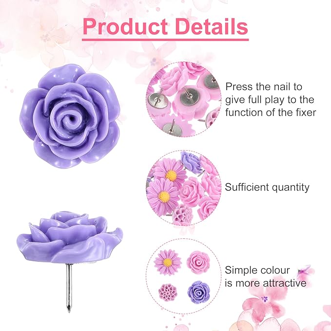 XLIUAX 40Pcs Flower Push Pins, Rose Thumb Tacks Cute Pink Thumbtacks for Cork Board Decorative Push Pins for Bulletin Board Photos Wall Maps Offices (Purple)