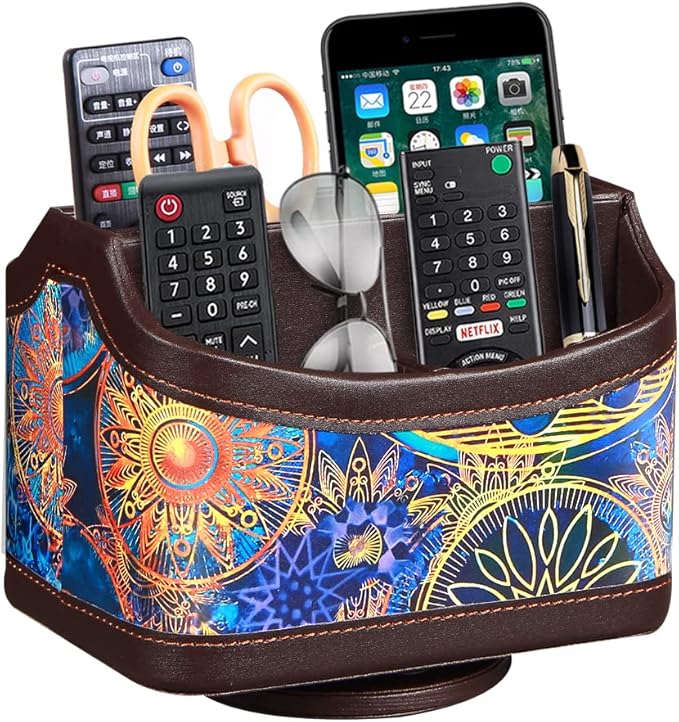 PUSU 360°Rotatable Remote Control Holder, PU Leather TV Remote Holder Caddy for Table, Bright and Colorful Art Supply Organizer Pen Holder, Multi-Functional Desk Organizer Living Room Office Decor