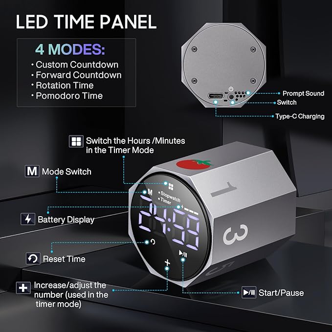 Digital Pomodoro Timer,Frosted Metal Productivity Cube Timer,1.8 in LED Digital Large Screen and Auto-Rotating Display,1/3/5/10/25/30/60min&Custom Time, Silent & Alarm,for Office, Study, Work(Grey)