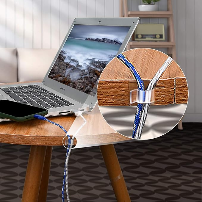 SOULWIT 50 Pcs Self Adhesive Cable Management Clips, Cable Organizers Sticky Wire Clips Cord Holder for TV PC Laptop Ethernet Cable Desktop Home Office (Clear)