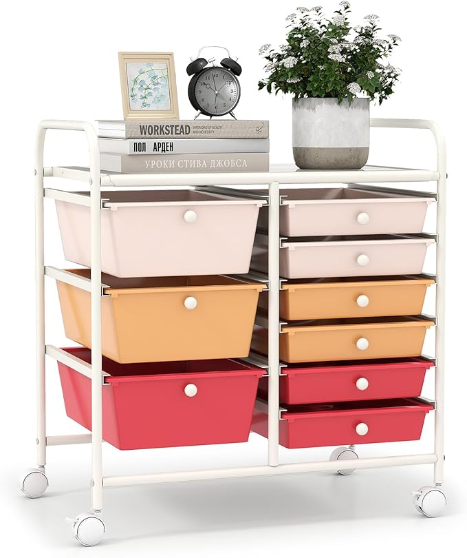 LDAILY 9 Drawer Rolling Storage Cart, Rolling Cart with Drawers for Classroom, Art Supply Craft Organizer on Wheel with Metal Frame & Handles for Home Office School