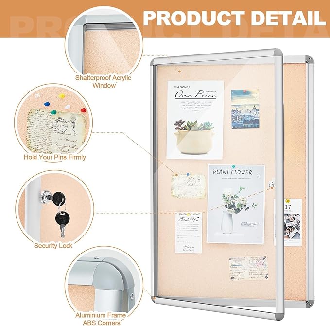 Geetery 26 x 20 Inch Enclosed Fabric Bulletin Board Tamperproof Lockable Noticeboard Fabric&Aluminium Frame Display Cases Wall-Mounted Display Case for School, Office - Secure,Durable Design(Beige)