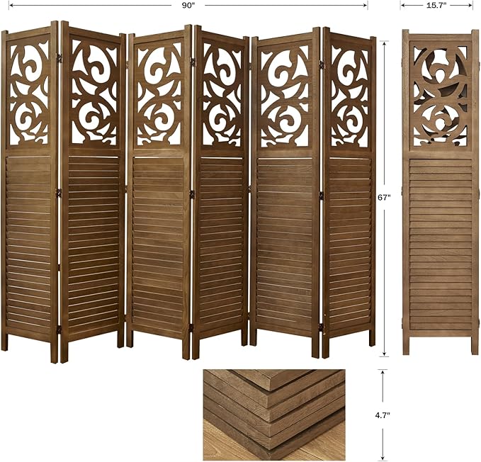 Room Divider Wood Carved Wall Divider Indoor Folding Portable Partition Screen for Home Office Garden Terrace - 6 Panel, 67 * 90inch (Dark Brown)