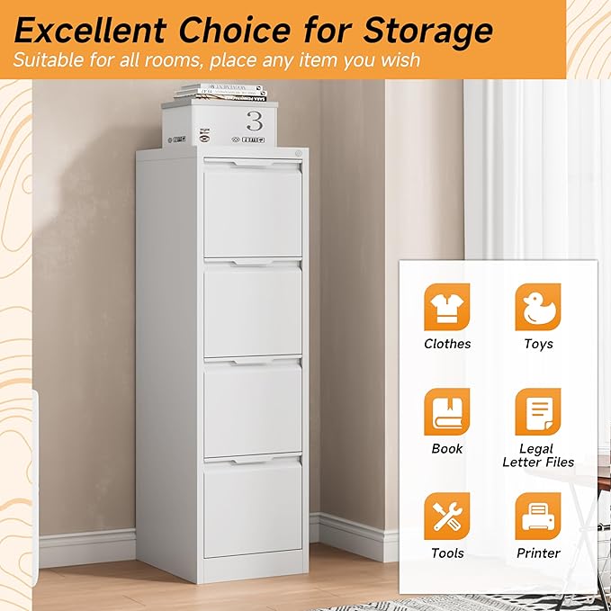 Bestoo 4-Drawer File Cabinet with Lock, Metal Filing Cabinet for Home Office, Vertical Filing Storage Cabinets, Fits File Folders, Letter/Legal/F4/A4 Size, Assembly Required (White)
