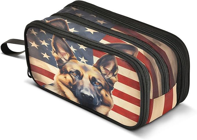 BOENLE Dog German Shepherd American Flag Pencil Case Box Boys Girls Large Pencil Pouch Zipper Compartments Big Capacity Stationery Pen Bag Organizer for Kids Teens Adults School