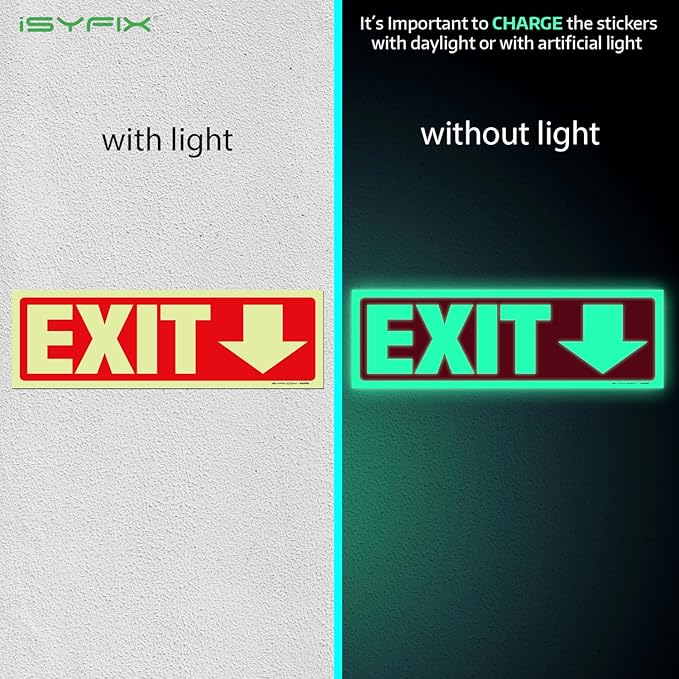 iSYFIX Exit Stickers Signs with Directional Down Arrow 6 Pack 12x4 Inch - Glow in the Dark Photoluminescent Vinyl for Office, School, Business, Warehouse - UV & Weather Resistant for Indoor/Outdoor Use