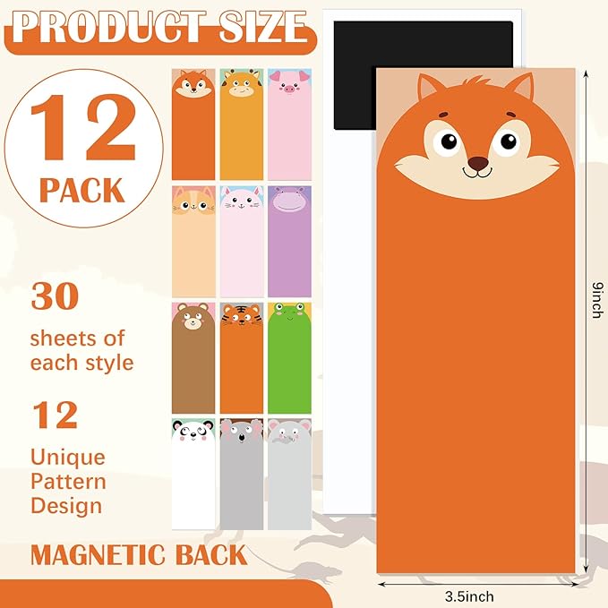 Gersoniel 12 Packs Magnetic Notepads for Refrigerator Monthly Grocery Magnetic List Set to Do List Pads Back Memo Notepad 9 x 3.5 Inches for Fridge Kitchen Shopping Grocery(Multicolor,Animal)
