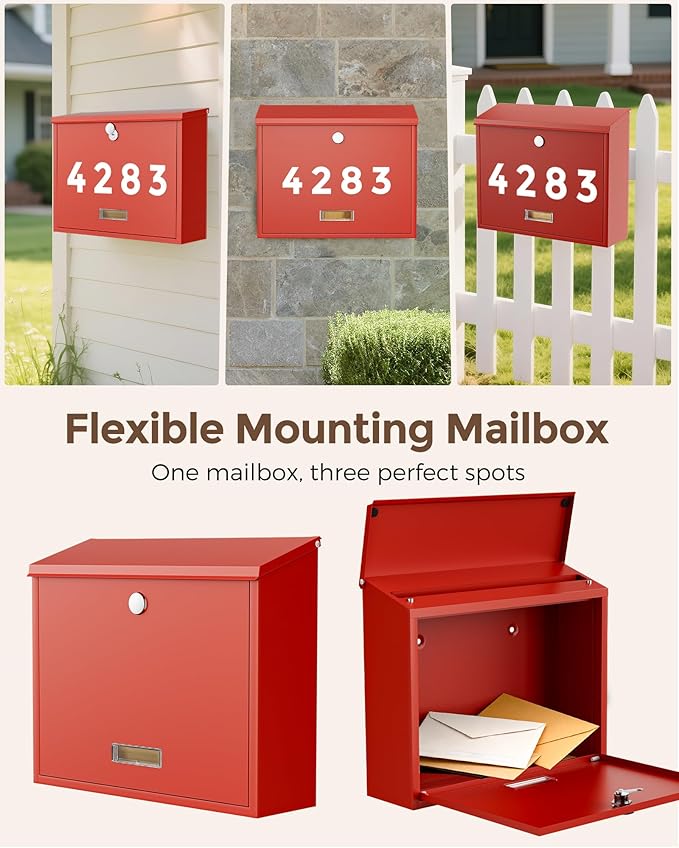 LAND·VOI Locking Wall-Mount Mailbox for Outside, with 4 Keys, Galvanized Steel Rustproof Metal Postbox, 4" Dx13.8 Wx11.2 H, Includes 3 Sets of Mailbox Numbers, Nameplate, Red