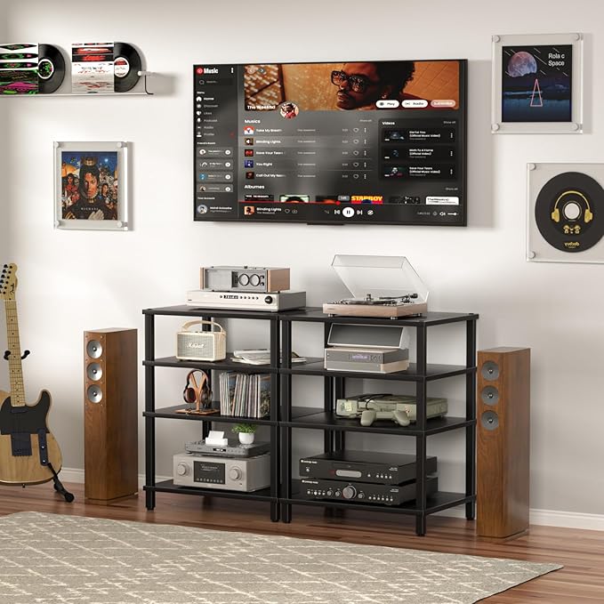 LELELINKY 4-Tier AV Media Player Stand Set of 2, Black Stereo Cabinet, Wooden TV Stand,Game Console Shelf, Multifunctional Entertainment Center, Suitable for Home, Conference Room, Game Studio