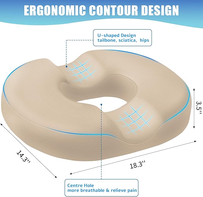 BlissTrends Donut Pillow Seat Cushion, Donut Chair Cushions for Postpartum Pregnancy & Hemorrhoids, Tailbone Pain Relief Cushion, Memory Foam Lifting Cushions for Office & Home Chairs (Khaki, X-Large)