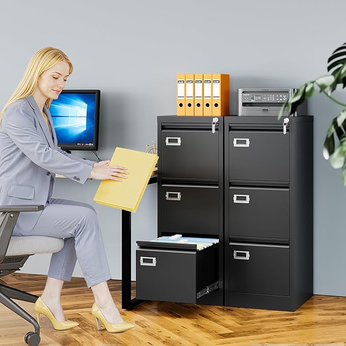 AFAIF 3 Drawer File Cabinet with Lock, Metal Filing Cabinets for Home Office, Vertical Black Locking File Caninet, Steel Narrow Three Drawer File Cabnet for Letter/Legal / A4 / B4- Assembly Required